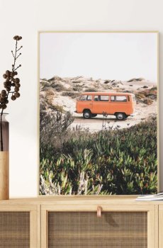 INDIAN CLASSIC ART Orange Coloured & Green Retro Camper Van In The Dunes Painted Wall Art