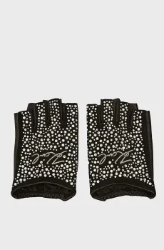 Женские черные кожаные митенки k signature glitter fl gloves Черный L Karl Lagerfeld 245W3606