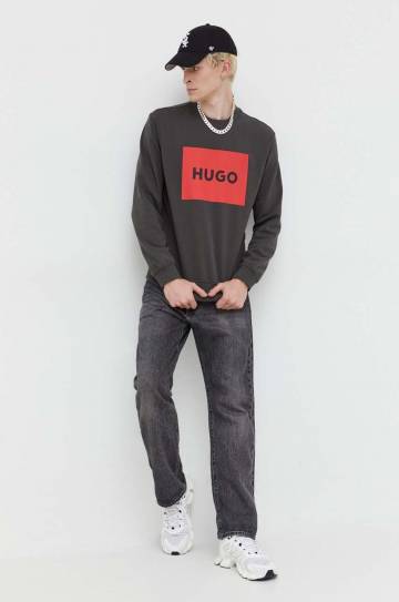 Хлопковая кофта HUGO мужская цвет серый с принтом Хлопковая кофта HUGO мужская цвет серый с принтом