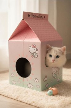 Картонний будиночок для кота з кігтеточкою Hello Kitty - пастельний рожевий