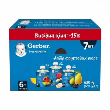 Набор детских фруктовых пюре Gerber от 6 месяцев, 7*90 г Набор детских фруктовых пюре Gerber от 6 месяцев, 7*90 г