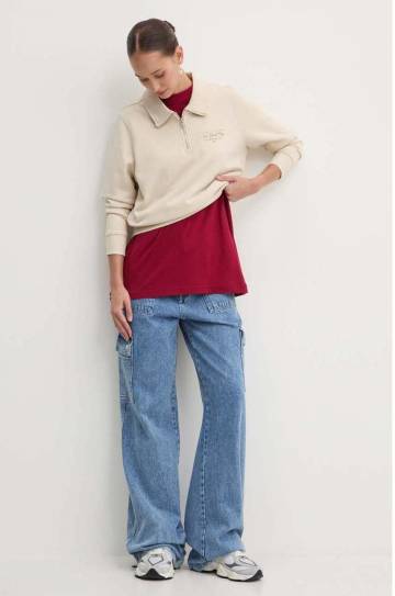 Хлопковая кофта Tommy Jeans женская цвет бежевый с аппликацией DW0DW18367 Хлопковая кофта Tommy Jeans женская цвет бежевый с аппликацией DW0DW18367