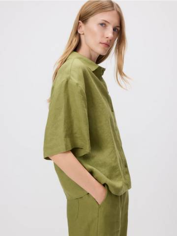 Reserved - Лляна сорочка з короткими рукавами - жовто-зелений - SU339-71X