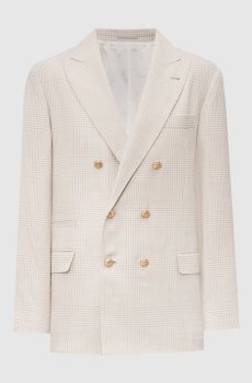 Бежевый двубортный блейзер из шерсти, шелка и льна