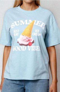 Бавовняна oversize футболка з принтом - блакитний