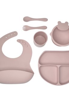 Детский набор посуды Lindo силиконовый, на присосках, розовый, от 4 месяцев, 6 предметов (954-1)