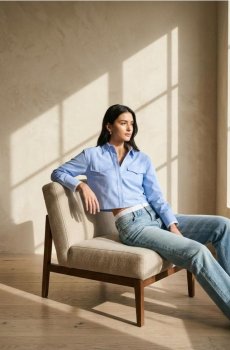 Сорочка зі змішаною тканиною з льоном - блакитний