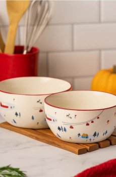 Комплект з 2 мисок з зимовим мотивом лижного пейзажу - білий