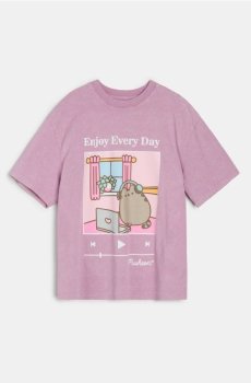 Бавовняна oversize футболка з принтом Pusheen the Cat - рожевий