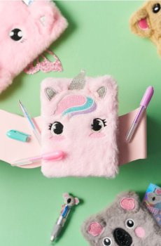 Плюшевий блокнот, ручка та наліпки з мотивом єдинорога - пастельний рожевий