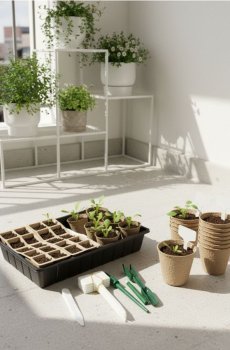 Набір горщиків і інструментів для розсади - бежевий