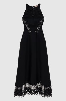 Черное платье миди с леном с ажурными вставками