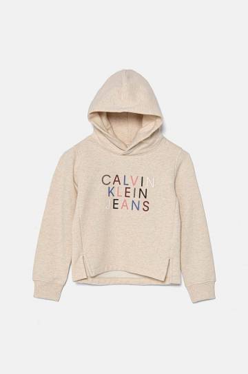 Детская кофта Calvin Klein Jeans цвет бежевый с капюшоном с аппликацией IG0IG02637