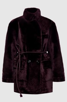 Бордовая двубортная дубленка с поясом