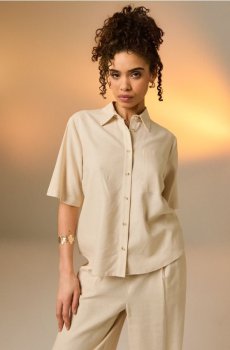 Віскозна сорочка з короткими рукавами з домішкою льону - бежевий