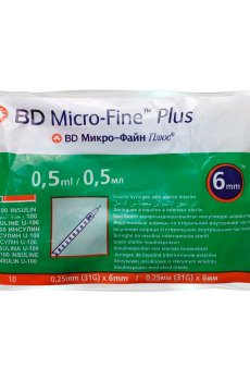 Шприц инъекционный инсулиновый BD Micro-Fine Plus U-100, размер 31G, 0.25*6 мм, 0.5 мл (10 шт)