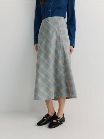 Reserved - Бавовняна картата спідниця - ментолово-зелений - 595GE-65X