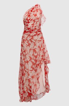 Красное платье на одно плечо из шелка