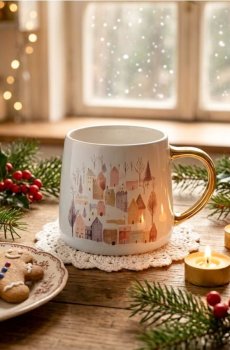 Зимова кам’яна чашка з мотивом будиночків і золотою ручкою - білий