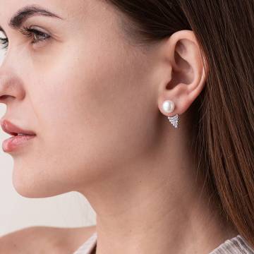 Серебряные серьги - пусеты 2 в 1 (жемчуг, фианиты) 2460/1р-PWT Серебряные серьги - пусеты 2 в 1 (жемчуг, фианиты) 2460/1р-PWT