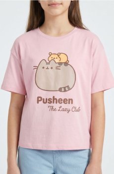 Бавовняна футболка з принтом Pusheen the Cat - рожевувато-ліловий