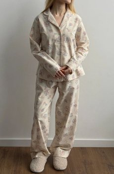 Пижамный комплект женский Miso Веточка, фланель, брюки и кофта, молочный, размер S (14006)