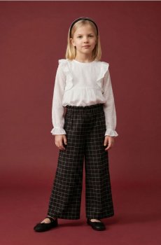 Бавовняні штани wide leg у клітинку - чорний