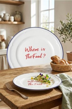Керамічна тарілка з написом Where is The Food? - синій