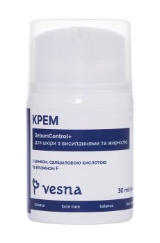 Крем для лица Vesna SebumControl+ для кожи с высыпаниями и жирностью, 30 мл