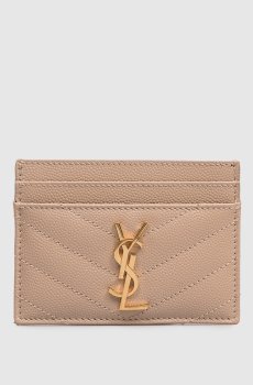Бежевый кожаный картхолдер с металлической эмблемой Cassandre