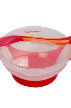 Детская тарелка на присоске Курносики с крышкой и термочувствительной ложкой, от 6 месяцев, красная, 250 мл (7055)