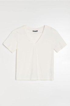 Бавовняна футболка з V-подібним вирізом - кремовий