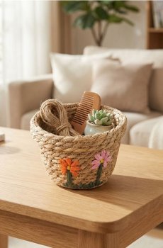 Плетений кошик для зберігання з квітковим мотивом - різнобарвний