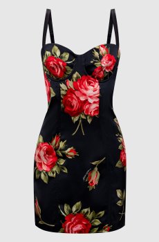 Черное платье мини в брендовый принт