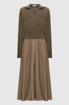 Платье миди цвета хаки с шерстью и шелком двойной конструкции