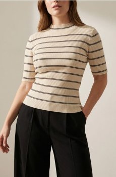Светр із коротким рукавом у смужку - бежевий