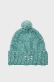 Женская бирюзовая шерстяная шапка CK EMBROIDERY AIRY POMPOM BEANIE Бирюзовый ONESIZE Calvin Klein K60K612586
