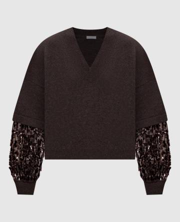 Коричневый пуловер из кашемира с пайетками