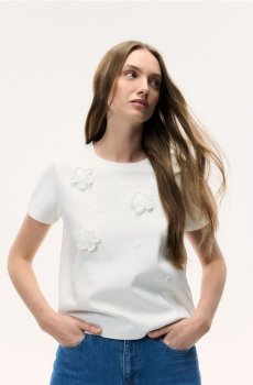 Reserved - Футболка з квітковою аплікацією - кремовий - 200HT-01X