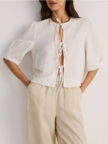 Reserved - Блузка з додаванням льону - білий - 549EI-00X