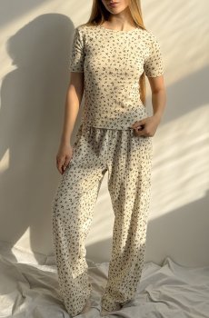 Брюки женские Miso Рибана, широкие, молочные в синий цветочек, размер S (14396)