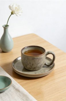 Чашка та блюдце з рослинним мотивом - бежевий