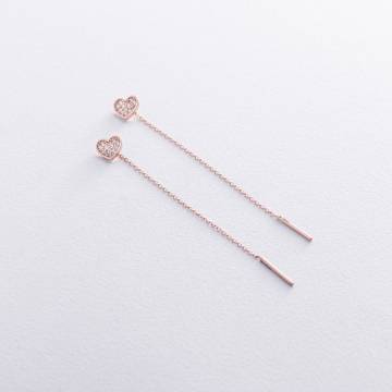 Серьги - протяжки "Сердечки" в красном золоте (фианиты) с08063 Серьги - протяжки "Сердечки" в красном золоте (фианиты) с08063