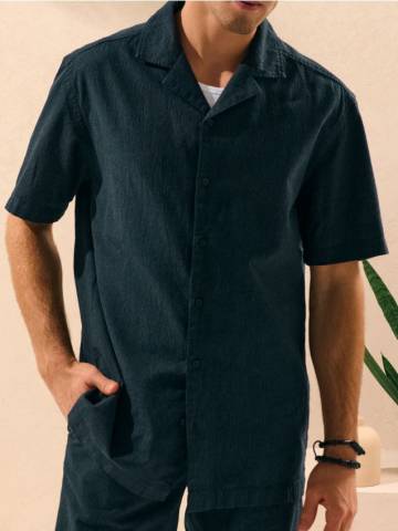 Сорочка зі змішаною тканиною з льоном - темно-синій