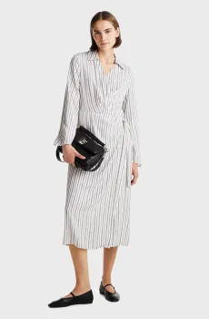 Женское белое платье в полоску FLUID VIS LS WRAP MIDI DRESS Белый S Tommy Hilfiger WW0WW44088