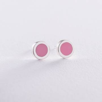 Серебряные серьги - пусеты (розовая эмаль) 122657 Серебряные серьги - пусеты (розовая эмаль) 122657