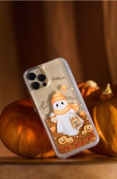 Чохол для iPhone 13/14 із принтом привида та блискітками - мандариновий