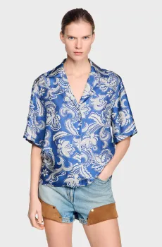 Женская синяя рубашка с узором Синий XS Sandro SFPCM01682_Blue - Ecru