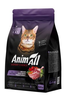 Сухой корм для взрослых кошек AnimAll со свежей индейкой и уткой, 400 г