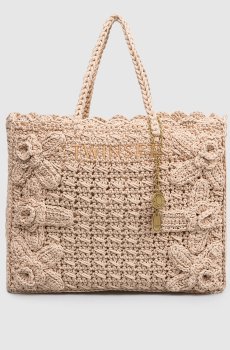 Бежевая плетеная сумка с вышивкой логотипа